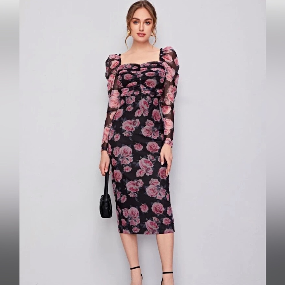 Shein Emery Rose Ruched Detail Gigot Sleeve Floral Dress Size M - Picture 3 of 5
